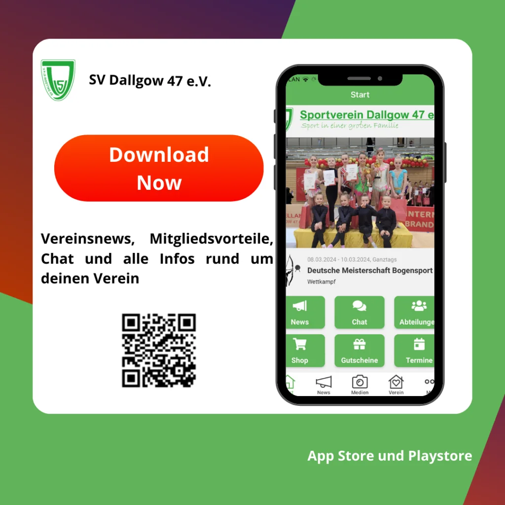 Über den QR gelangst du zum Playstore oder Appstore für deinen SV Dallgow-App Download